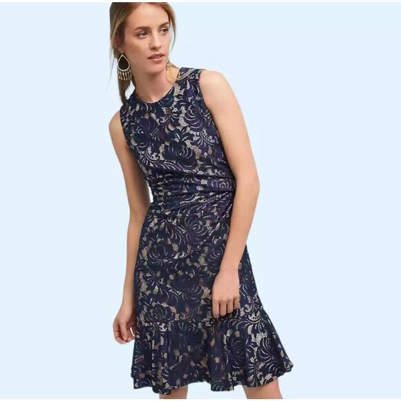Eliza J Dresses & Skirts - Eliza J Lace Lined Side Ruched Sleeveless Dress Size M Medium Navy